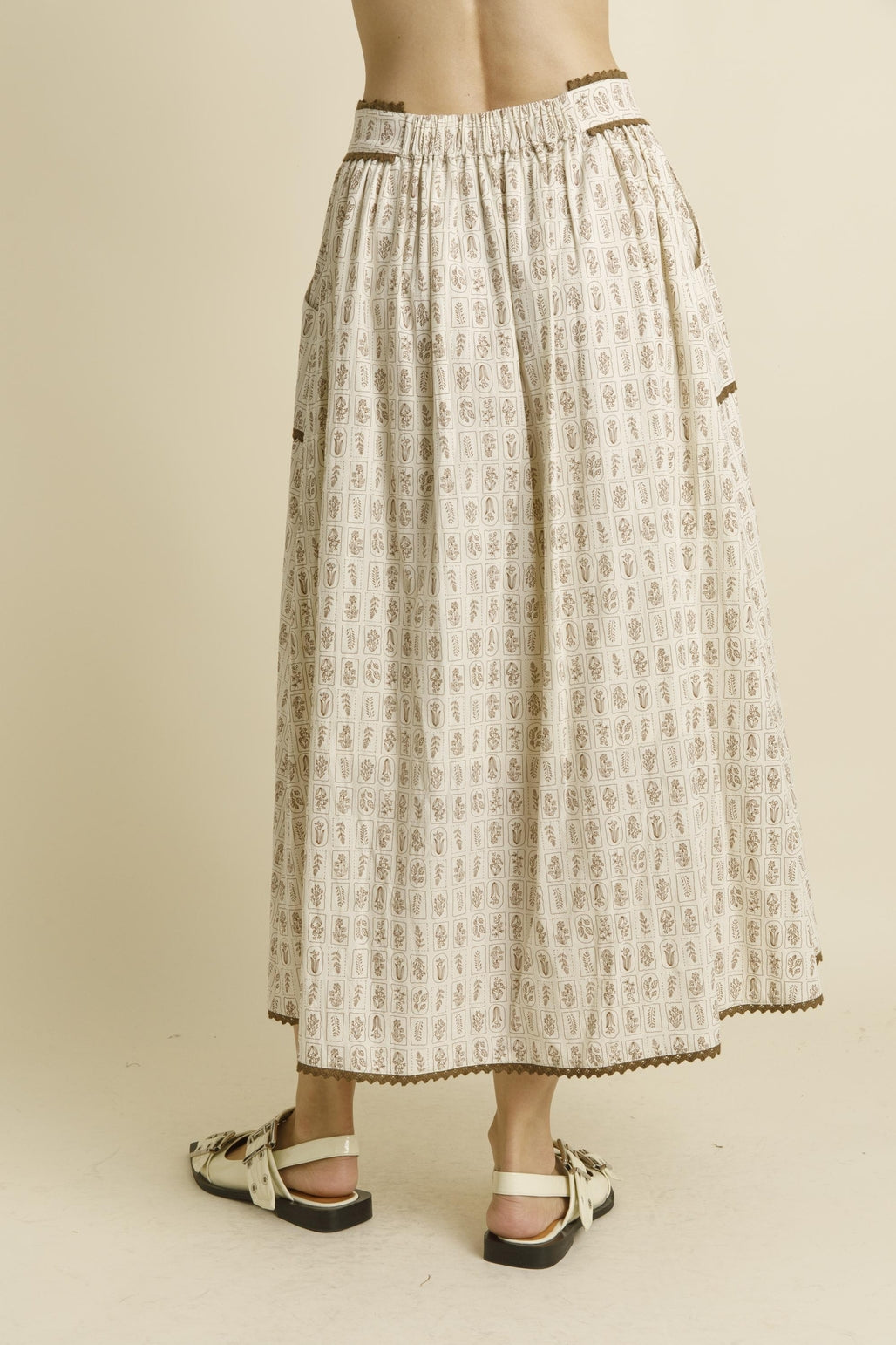 Ivory Floral Midi Skirt with Trim