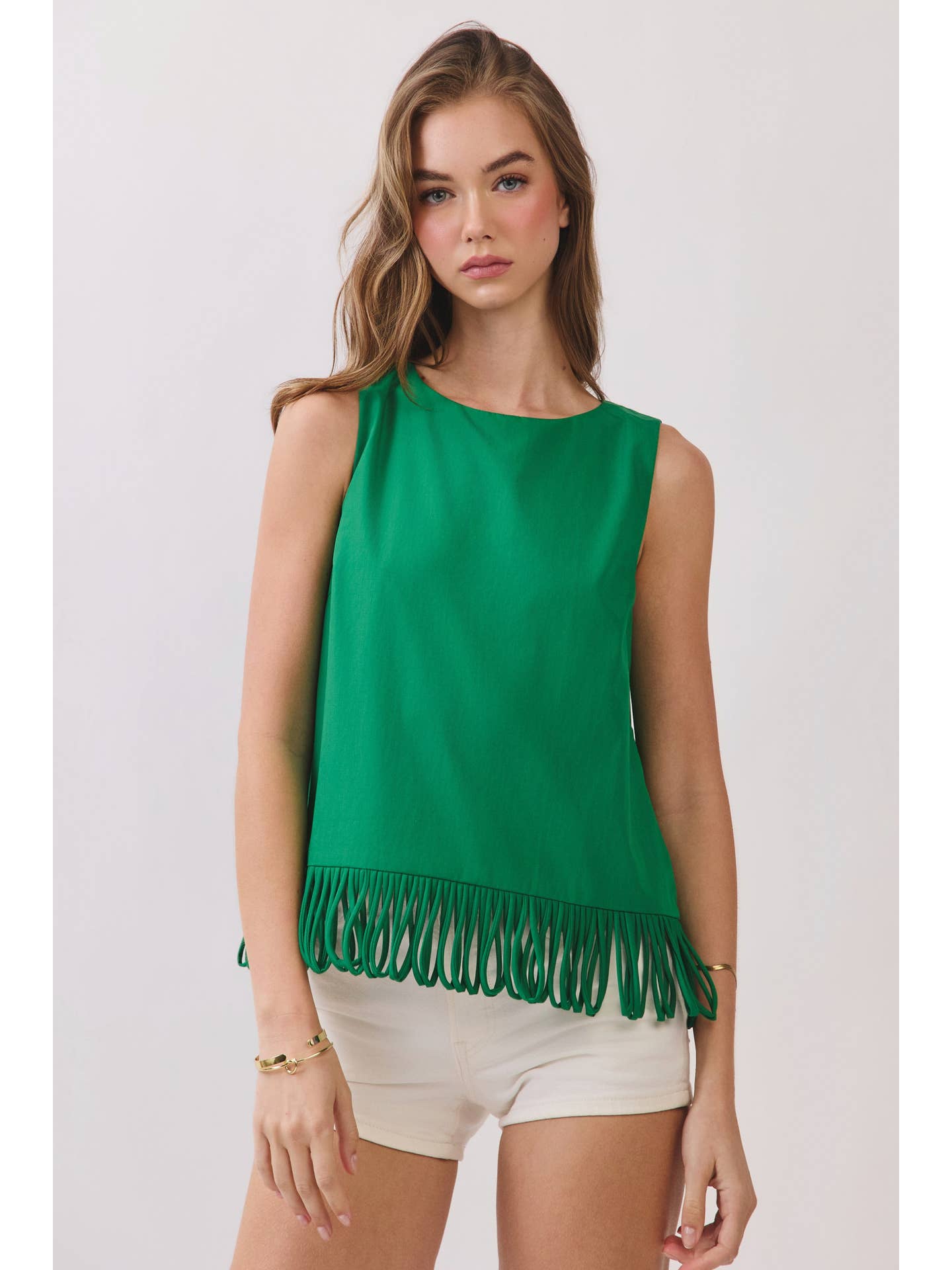 Green Fringe Hem Sleeveless Top