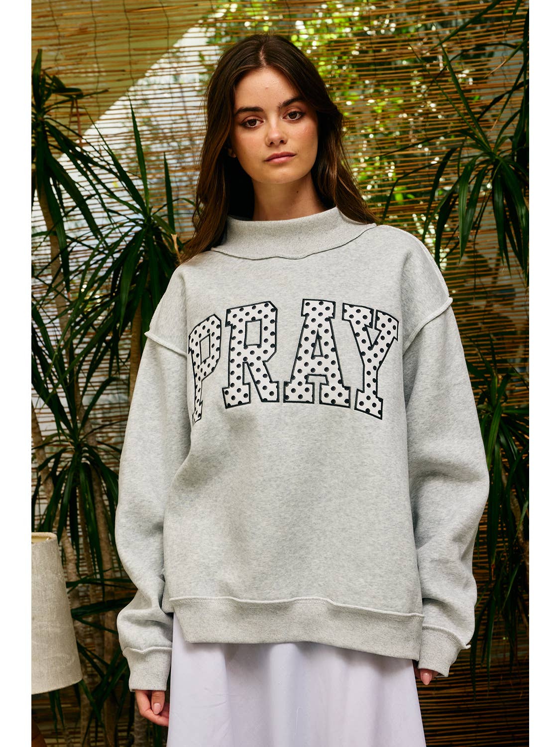 Pray Polka-Dot Mock Neck Sweatshirt, Gray