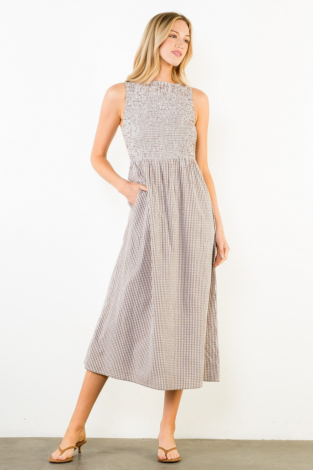 Sleeveless Smocked Gingham Dress