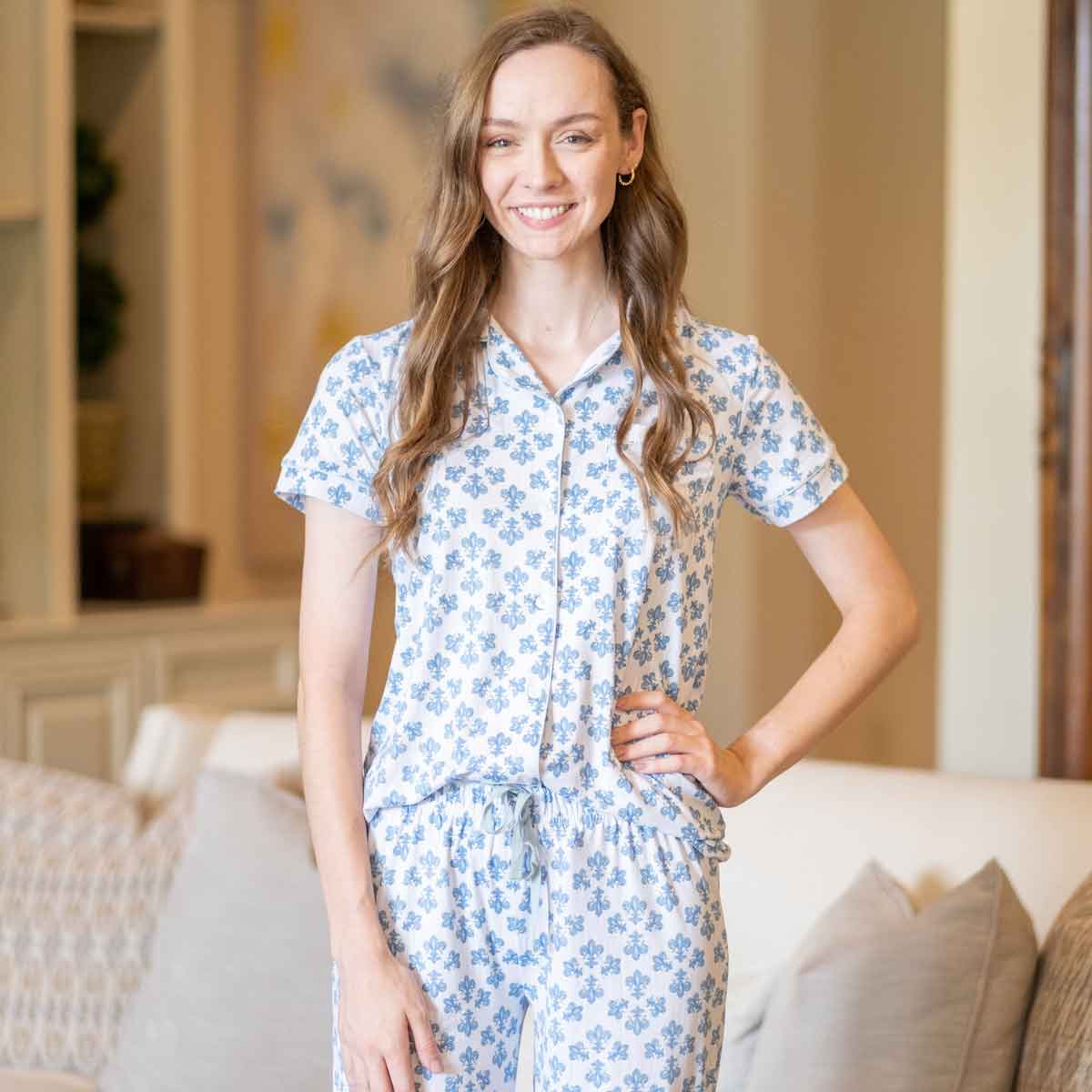 Fleur De Lis Short Sleeve Button Up Sleep Shirt