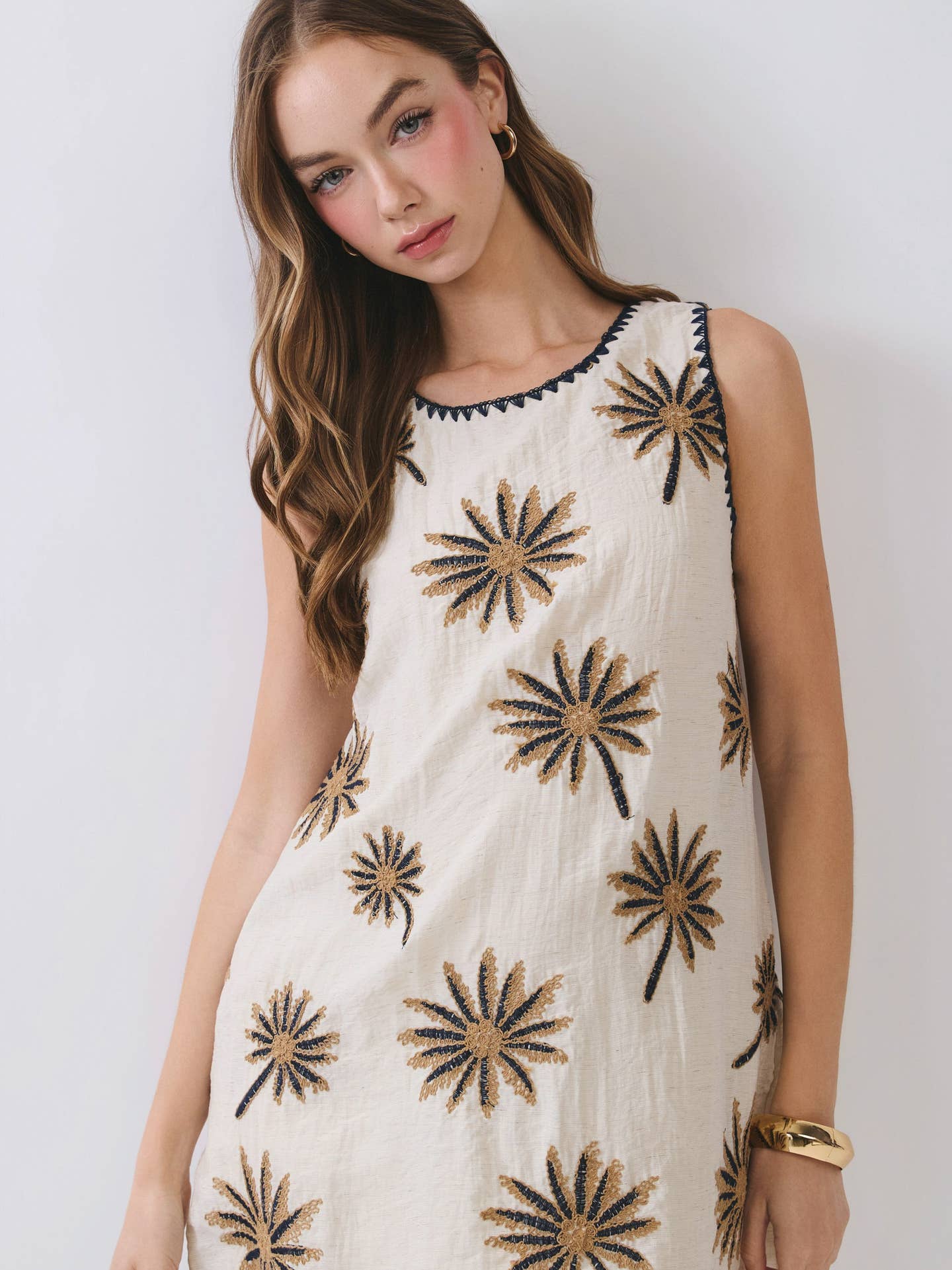 Palm Embroidered Shift Mini Dress