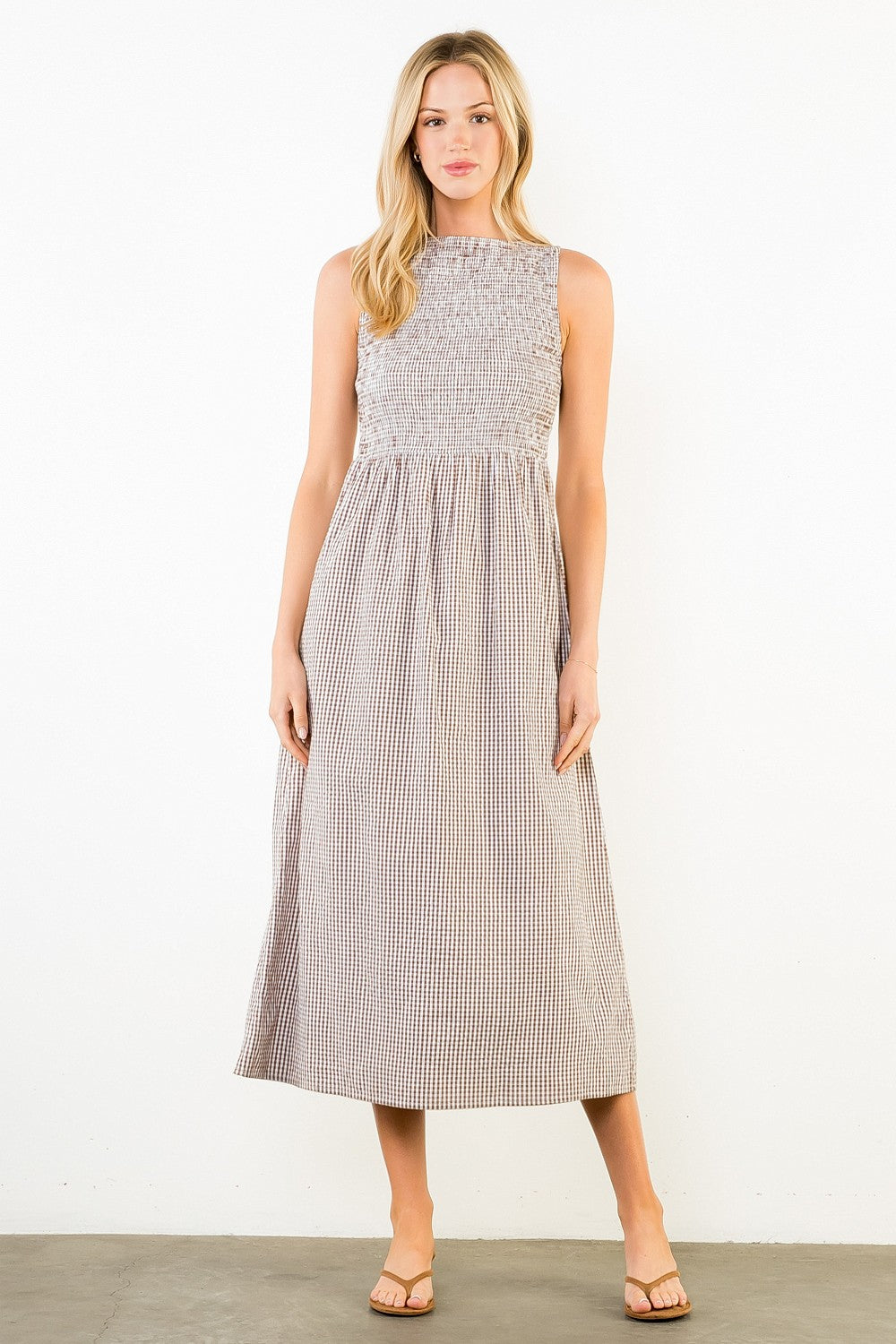 Sleeveless Smocked Gingham Dress