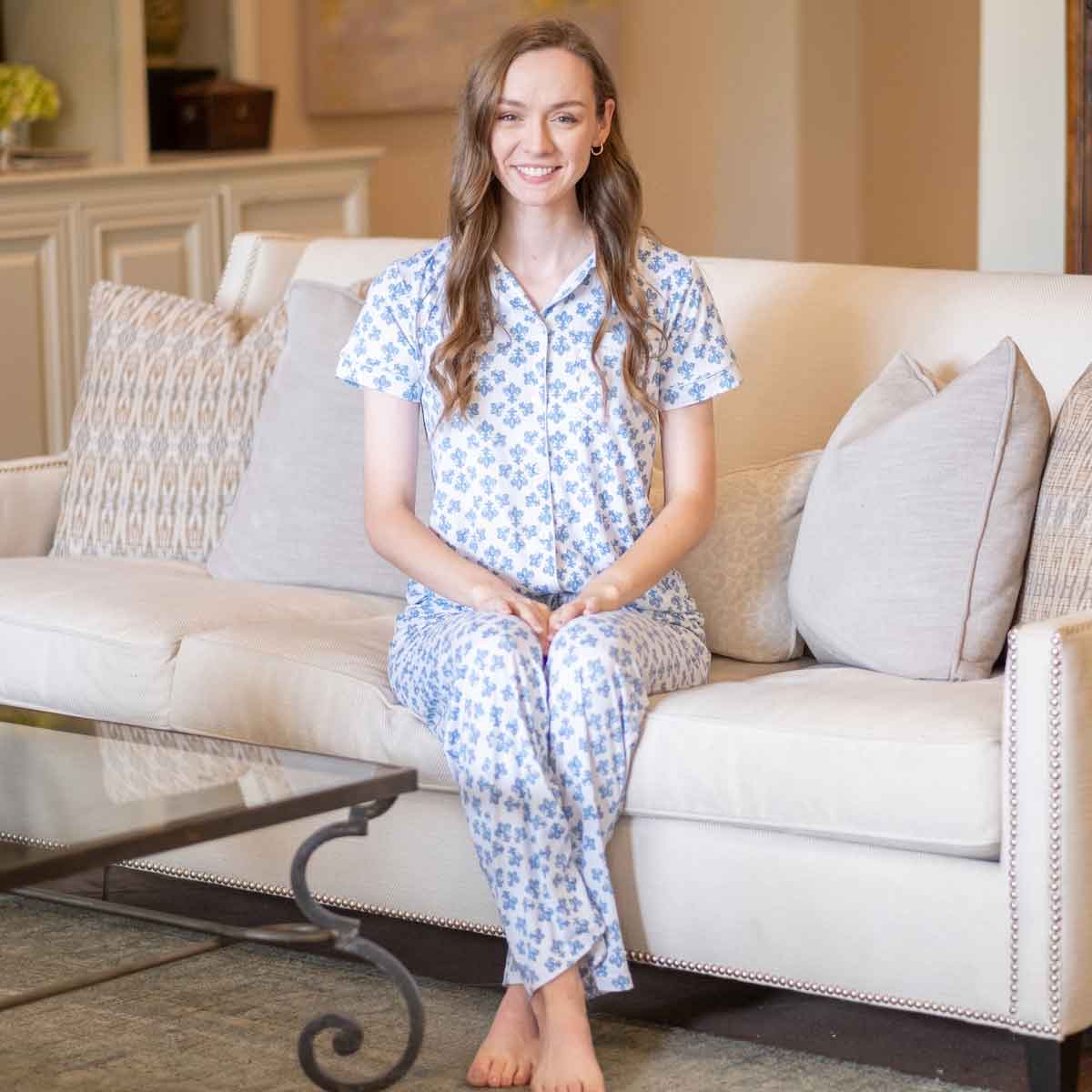 Fleur De Lis Short Sleeve Button Up Sleep Shirt