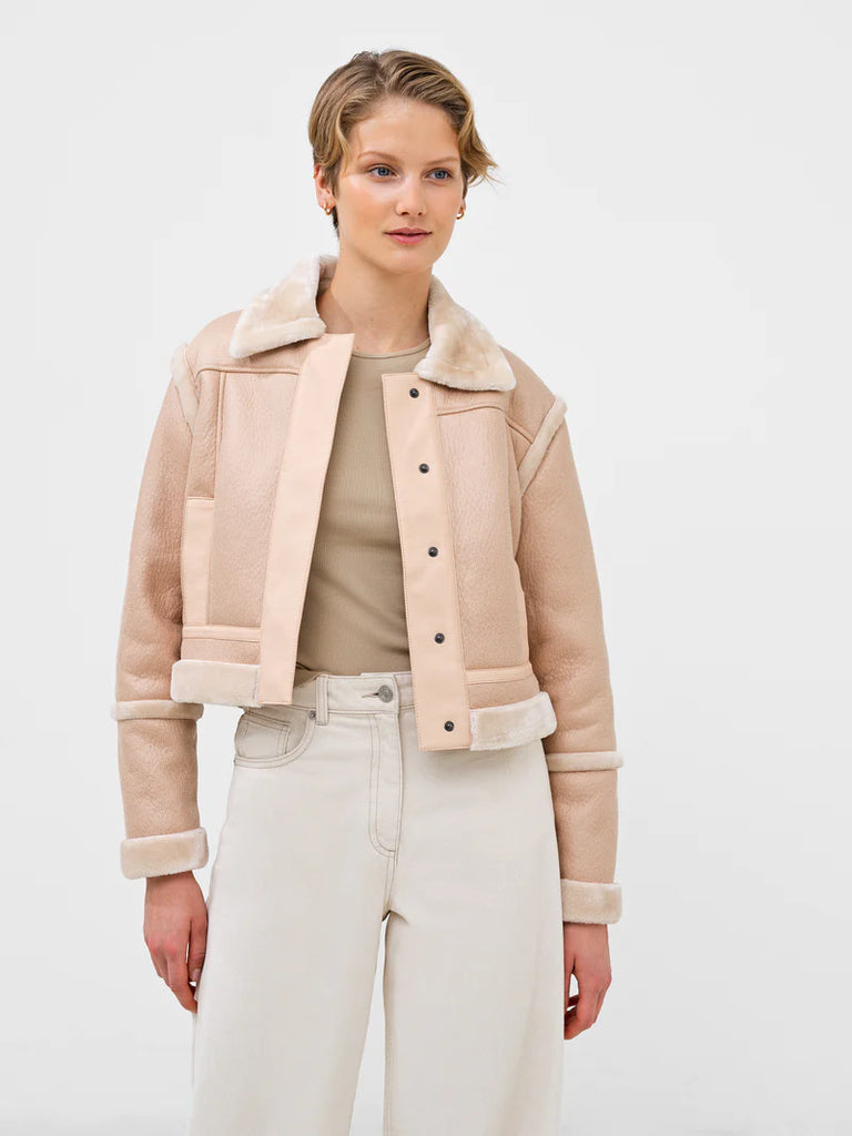 French Connection | Belen Faux Fur Cropped Moto Jacket, Toasted Almond/Classic Cream
