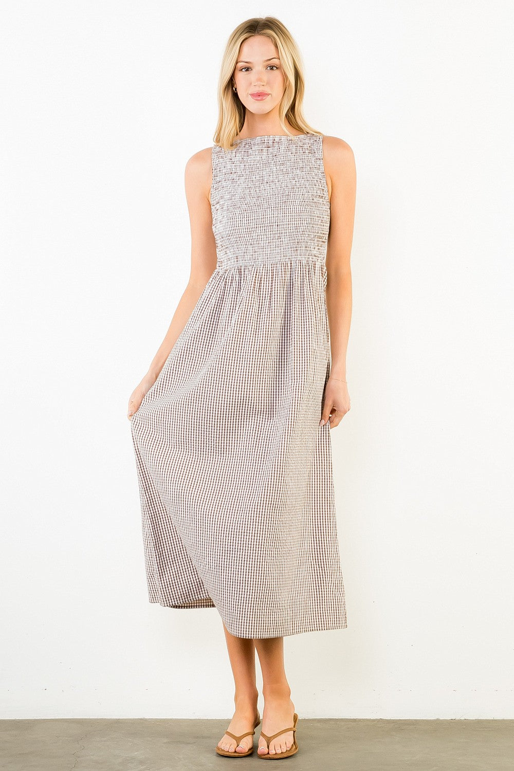 Sleeveless Smocked Gingham Dress
