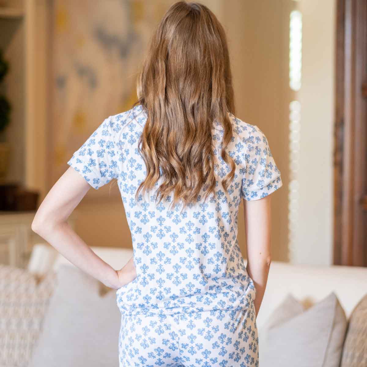 Fleur De Lis Short Sleeve Button Up Sleep Shirt