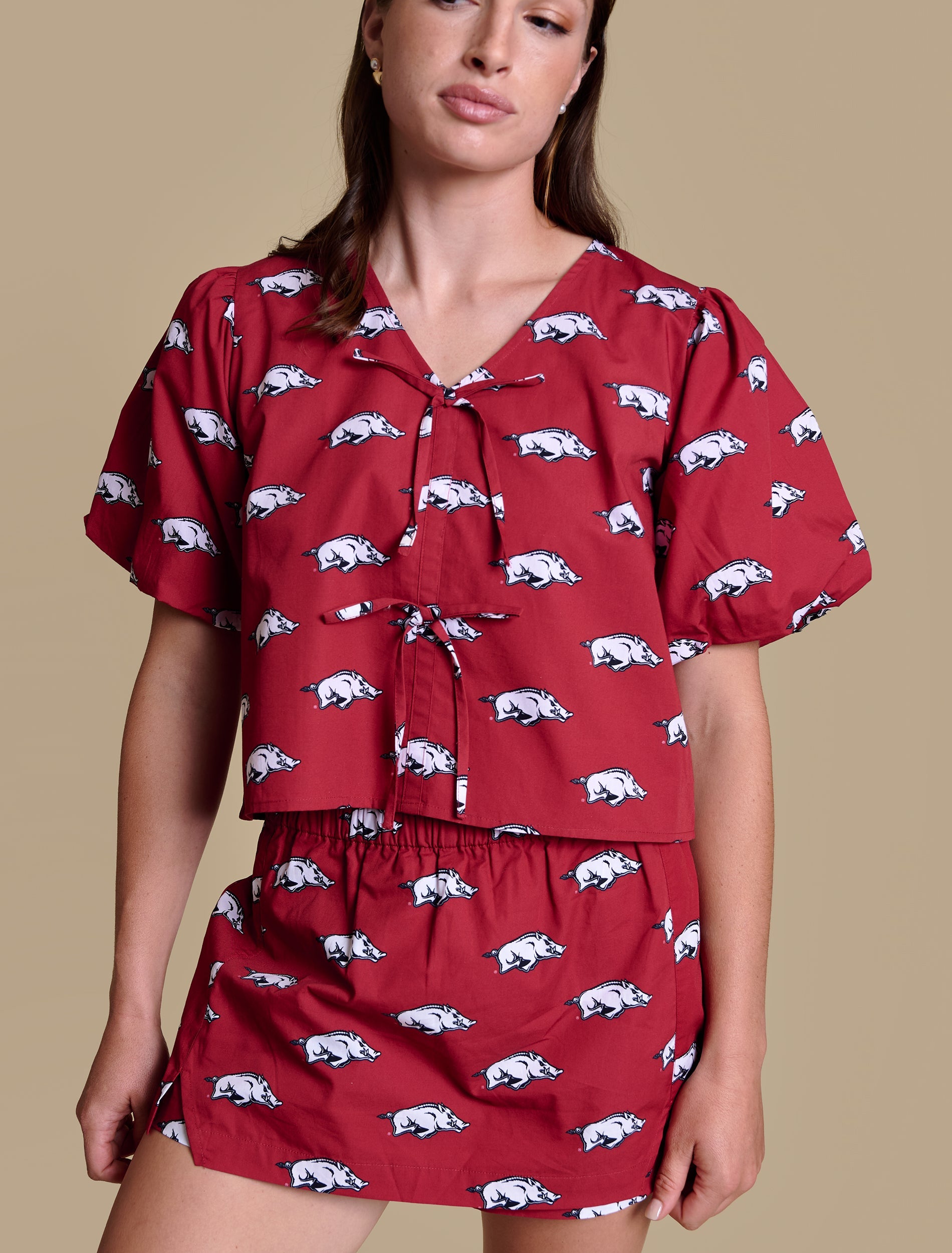 Arkansas Game Day Puff Sleeve Tie Top