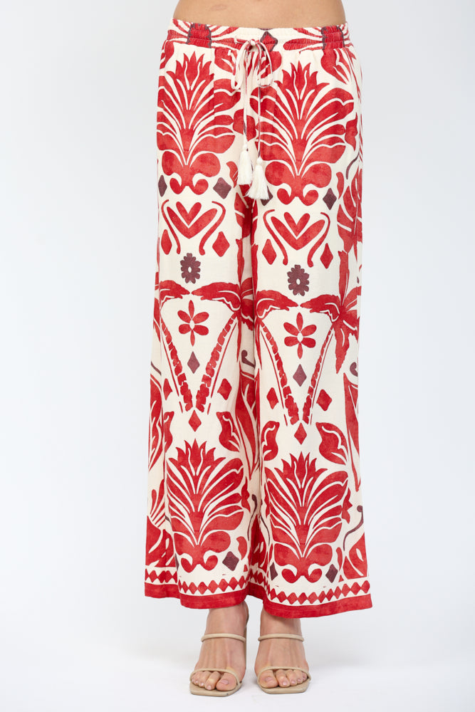 Geo & Tropical Print Wide Leg Linen Pant