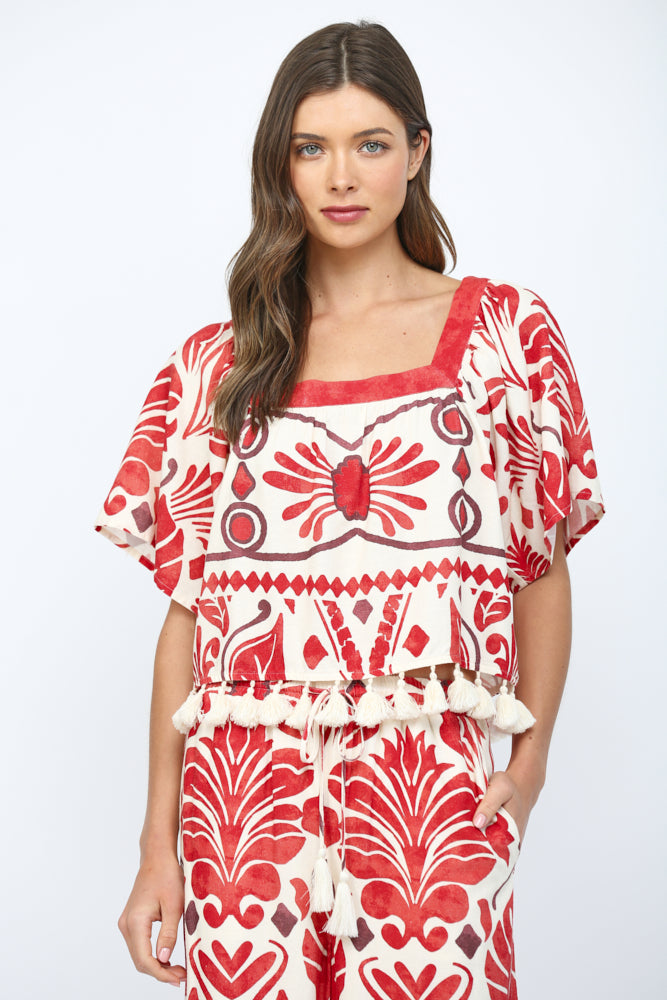 Geo & Tropical Print Linen Top