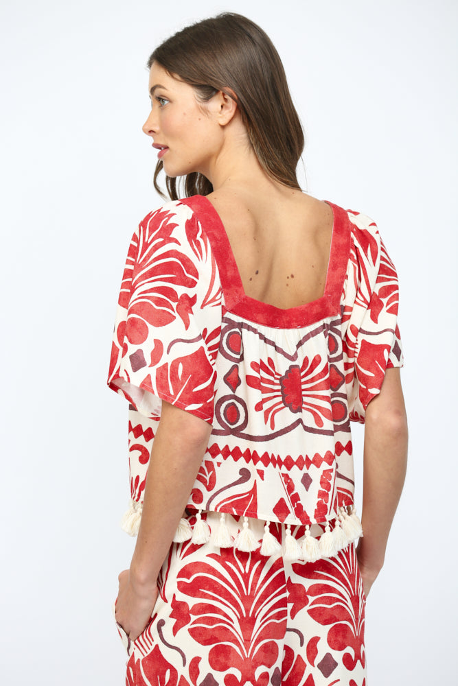 Geo & Tropical Print Linen Top