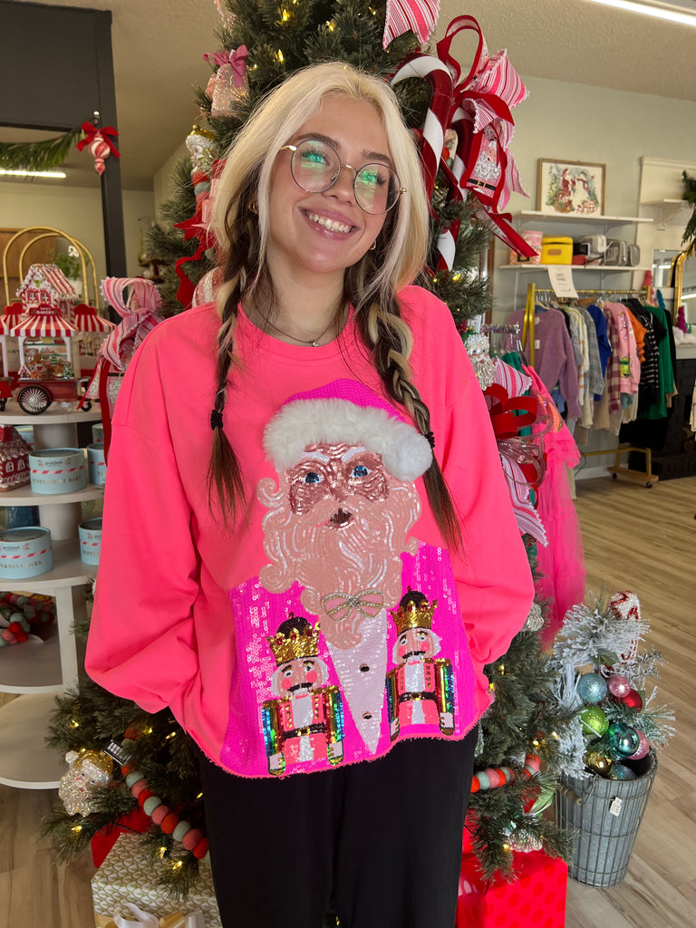 Queen of Sparkles - Neon Pink Sweatshirt With Pink Nutcracker Santa