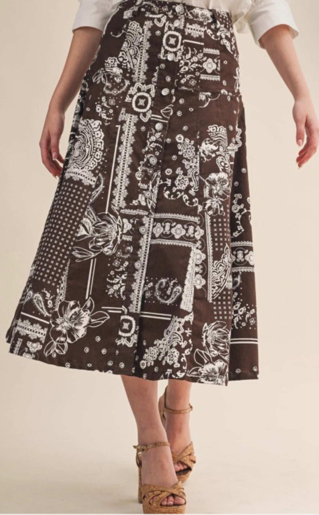 Paisley Denim Button Down Midi Skirt
