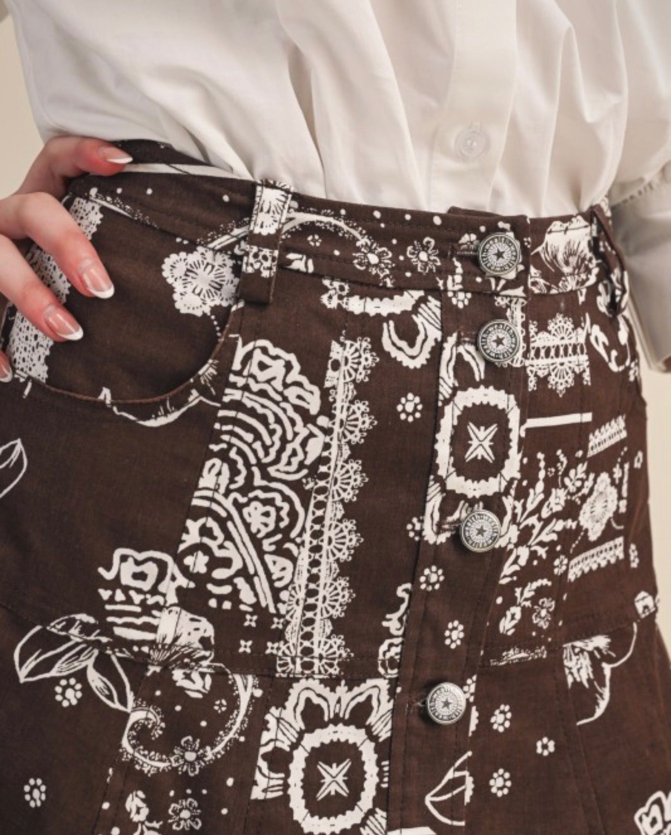 Paisley Denim Button Down Midi Skirt