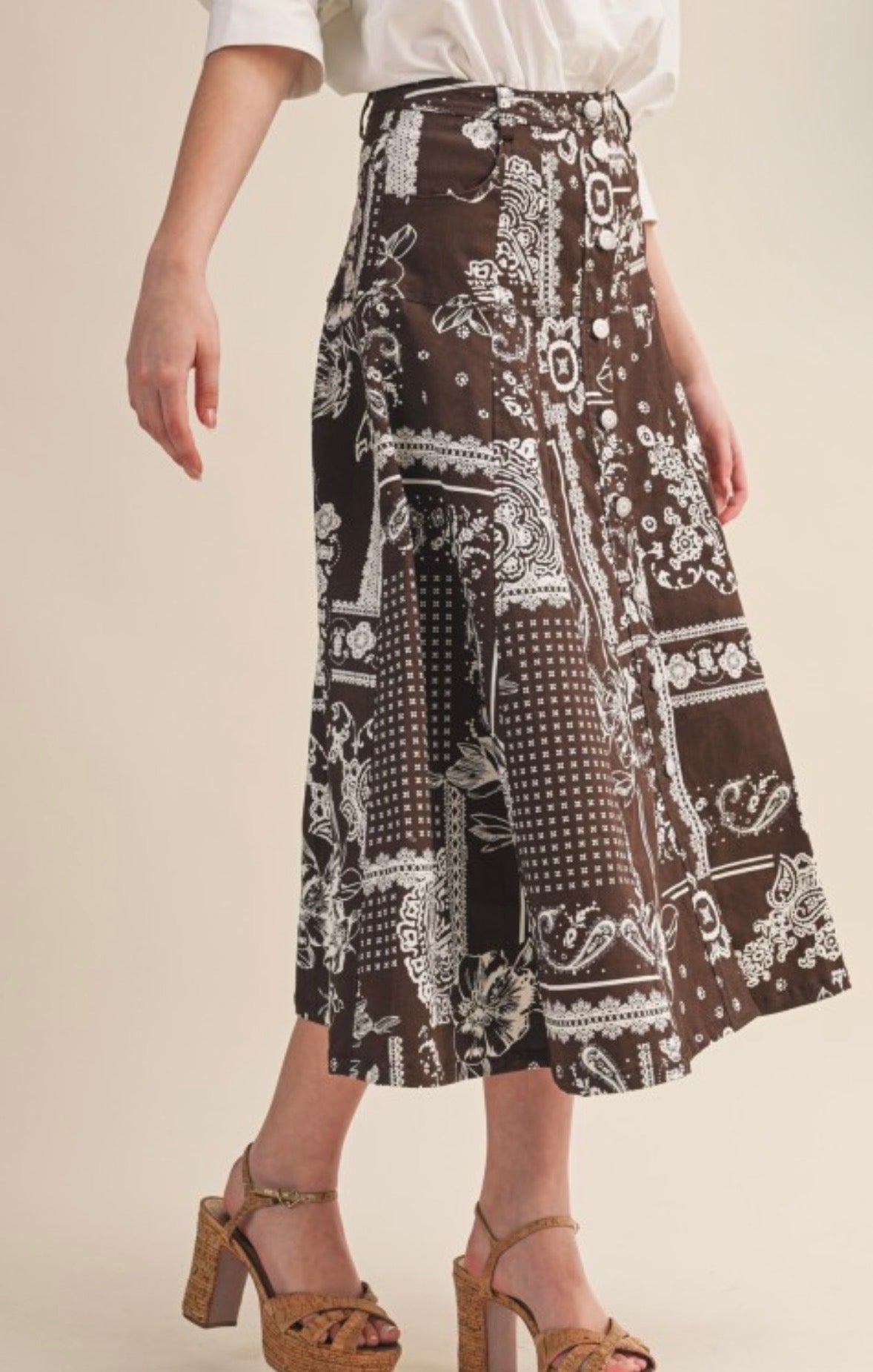 Paisley Denim Button Down Midi Skirt