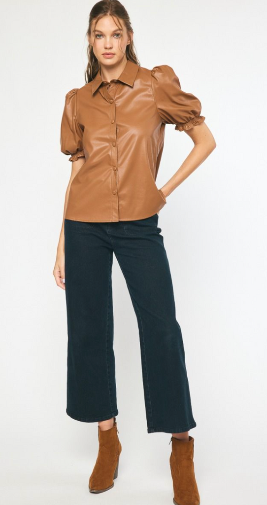 Brown Faux Leather Puff Sleeve Collared Top