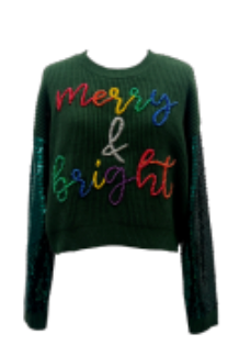 Queen of Sparkles | Green Shard Sequin Sleeve Multi Pearl 'Merry & Bright' Sweater