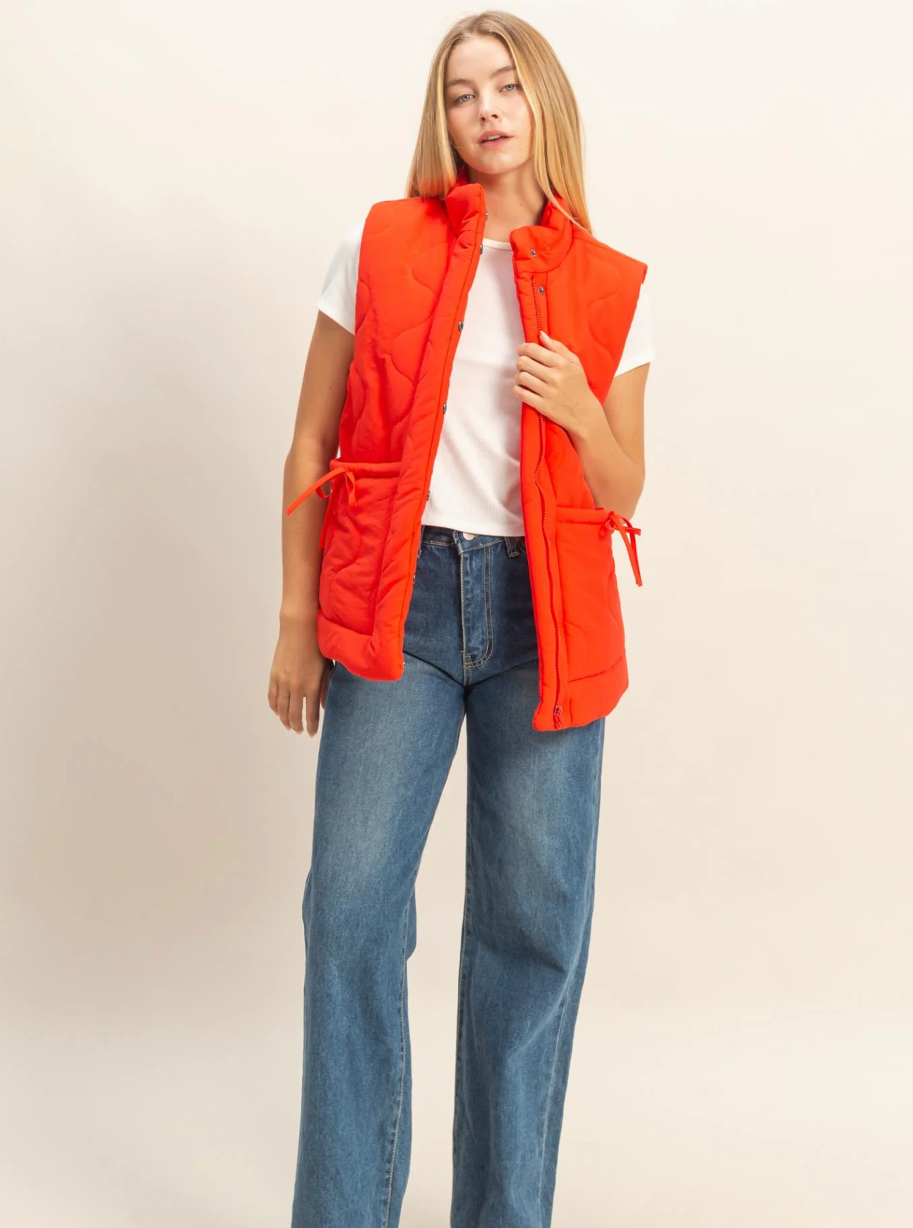 Wave Quilted Ribbon Tie Detailed Puffer Vest