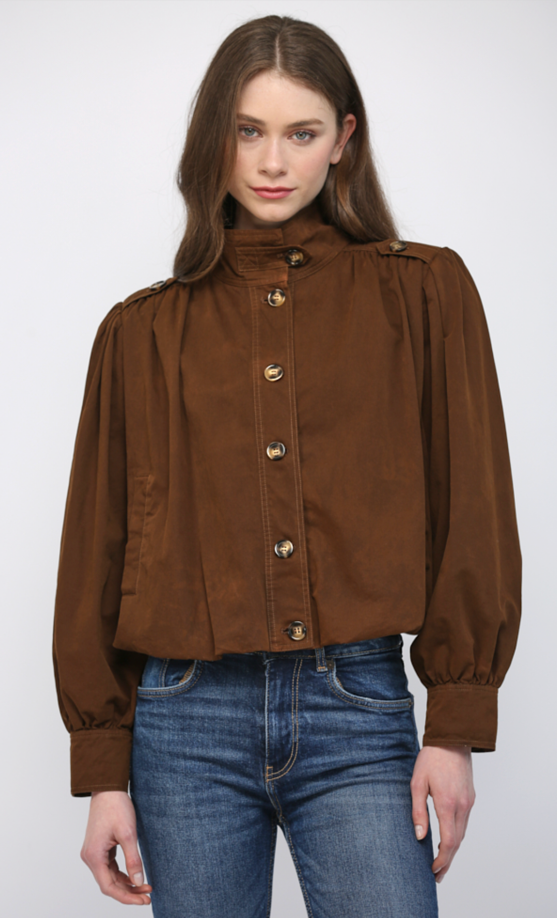 HIGH STAND COLLAR GATHERED HEM BOMBER JACKET