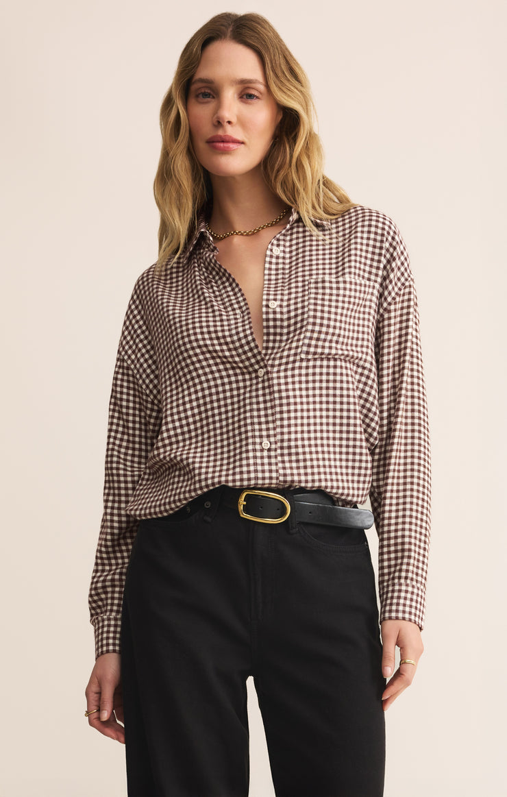 River Plaid Button Up, Chocolate Cherry
