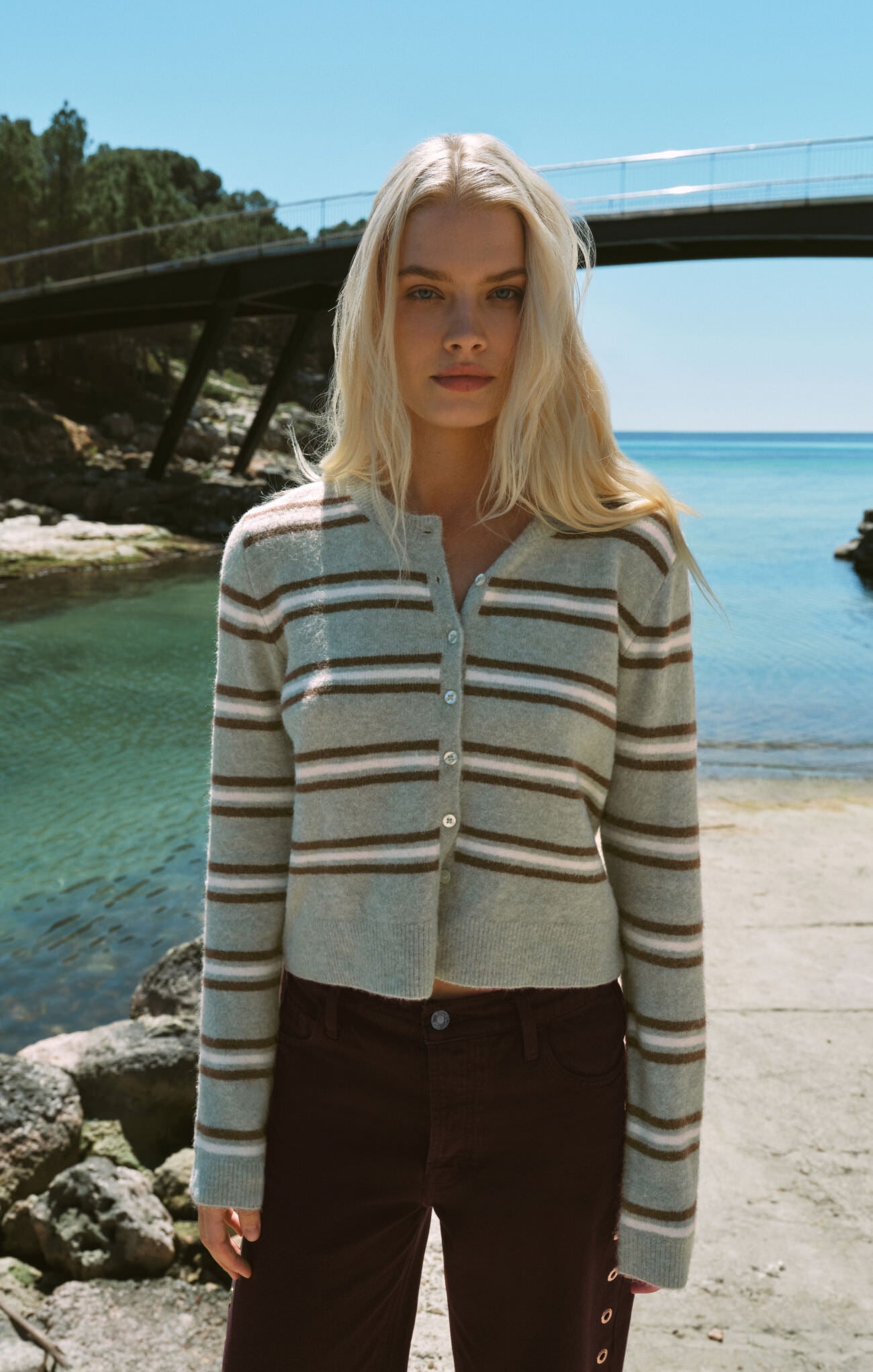 Medina Cozy Stripe Cardigan, Aqua Cloud