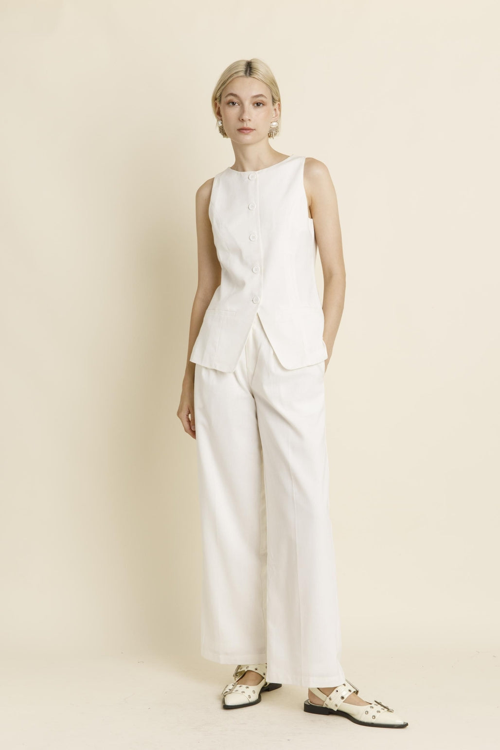 White Sleeveless Linen Vest