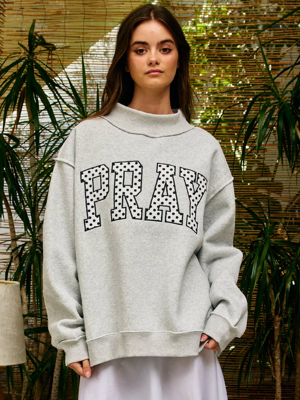 Pray Polka-Dot Mock Neck Sweatshirt, Gray