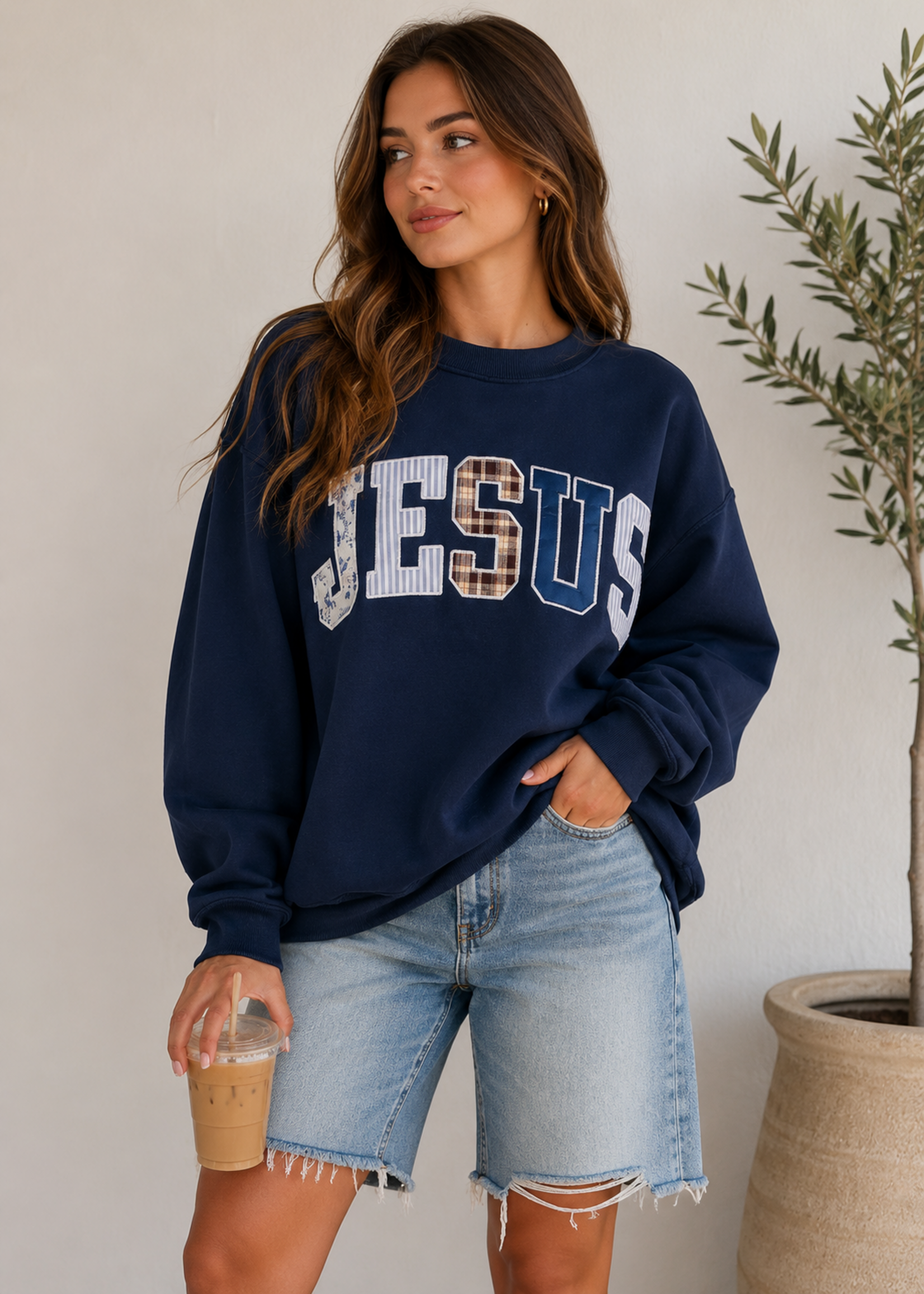 Jesus Patchwork Mock Neck Sweatshirt, Navy
