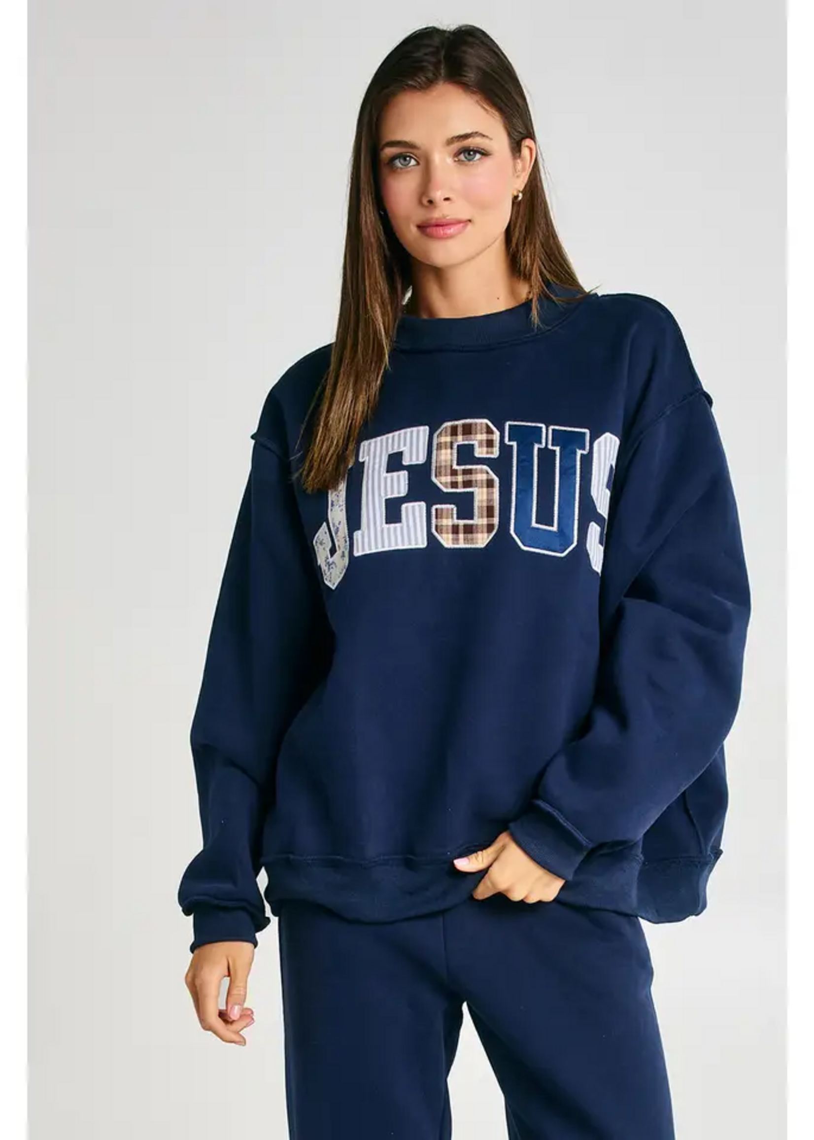 Jesus Patchwork Mock Neck Sweatshirt, Navy