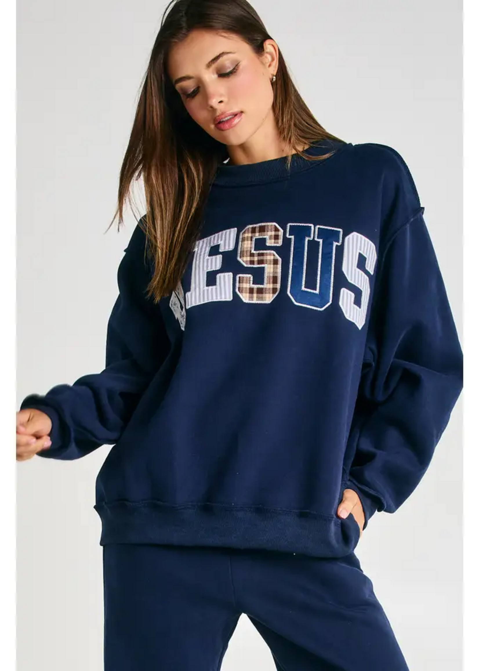 Jesus Patchwork Mock Neck Sweatshirt, Navy