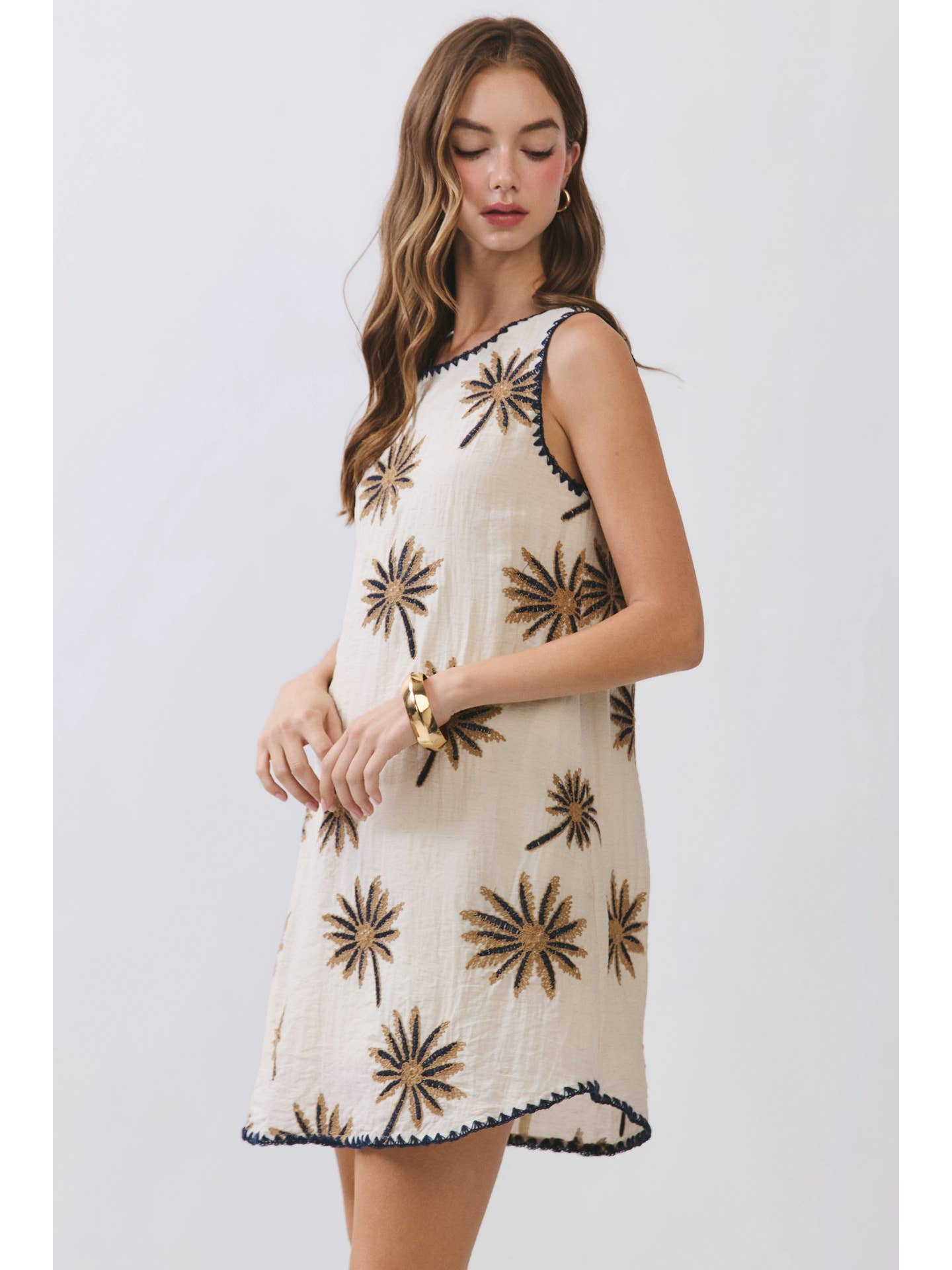 Palm Embroidered Shift Mini Dress