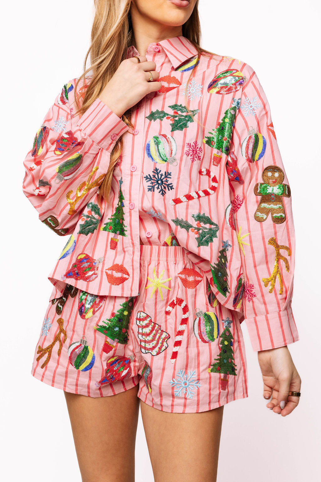 Light Pink and Red Stripe Christmas Icons Button Up Top