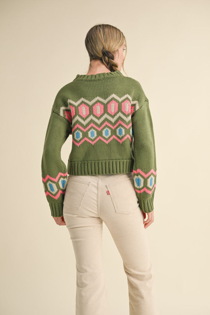 Stay Cozy Olive Geometric Pattern Sweater
