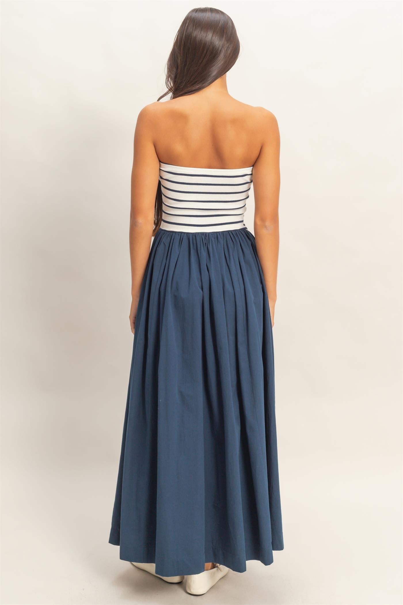 Striped Strapless Flowy Midi Dress, Navy