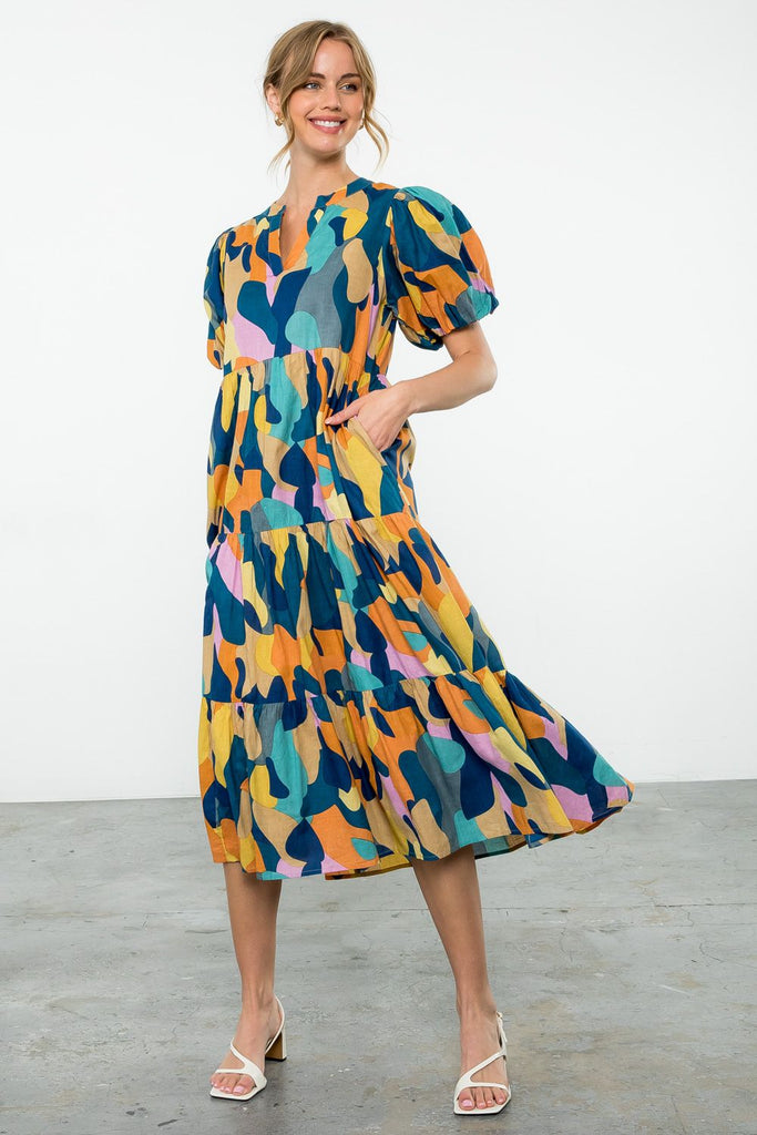 THML | Multi Color Tiered Print Midi Dress