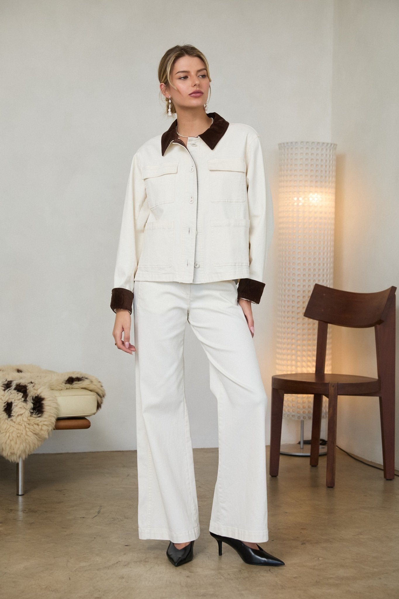 Contrast Twill Barn Jacket, Ivory & Brown