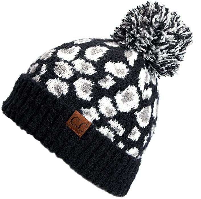 CLEARANCE | C.C Exclusives Soft Beanie Hat with Leopard Pattern and Fur Pom