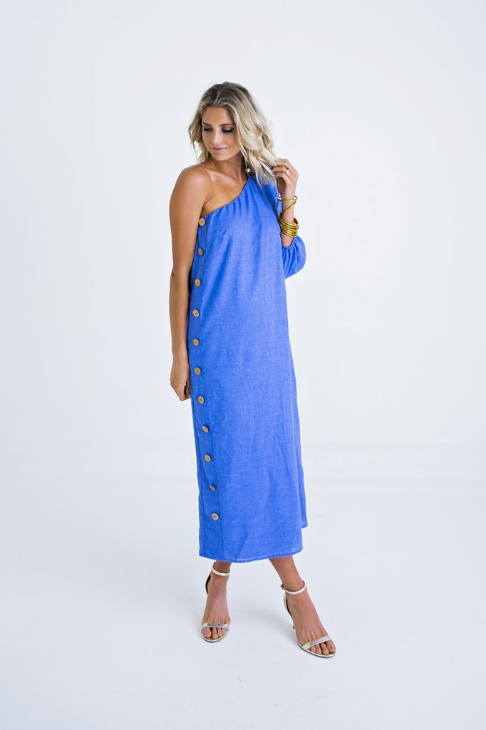 CLEARANCE | Karlie One Shoulder Button Down Midi Dress