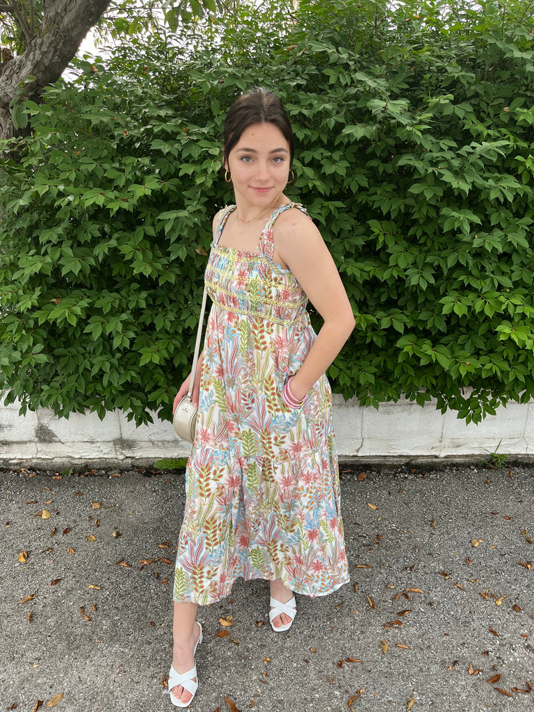 THML | Floral Print Smocked Midi Dress